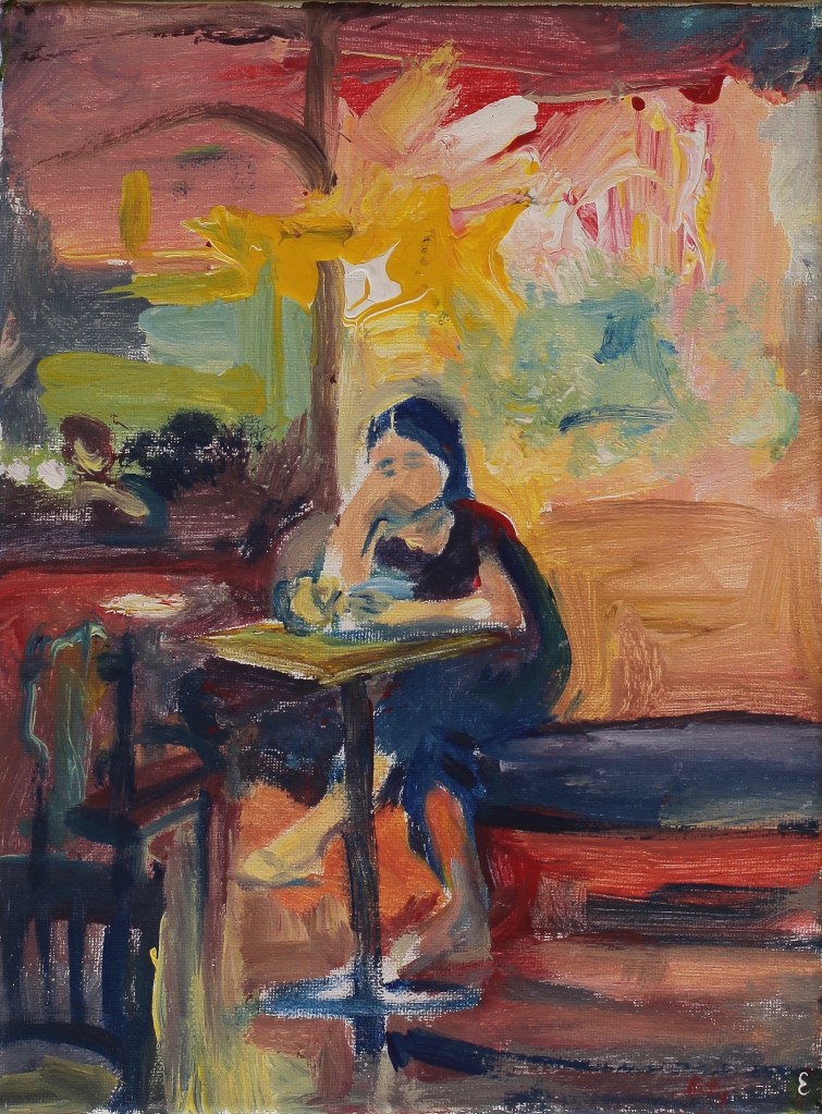 Portrait of Mariko at Kean Coffee 
2021 
12x9in 
Acrylic on Canvas 
California
